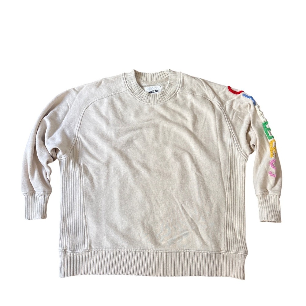 Aerie Mock Neck Sweatshirt Women Cream Rainbow Cheers Graphic Oversize SIZE XS